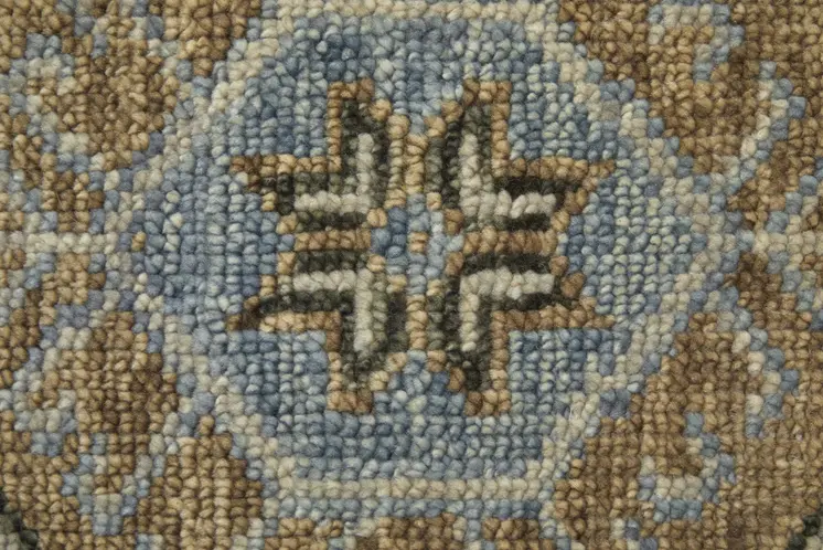 3' X 5' Ivory Tan and Blue Wool Oriental Hand Knotted Area Rug With Fringe