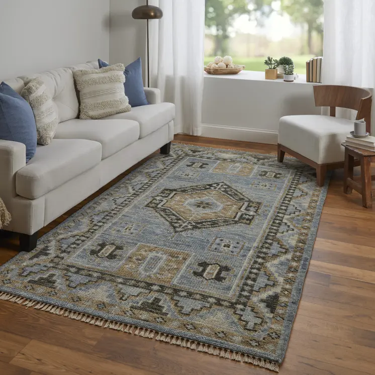 3' X 5' Ivory Tan and Blue Wool Oriental Hand Knotted Area Rug With Fringe