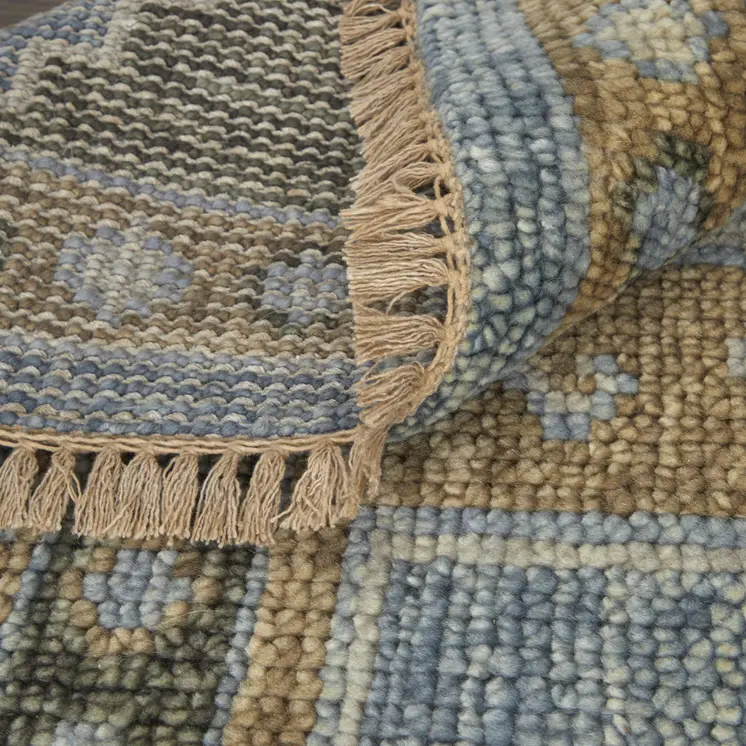 3' X 5' Ivory Tan and Blue Wool Oriental Hand Knotted Area Rug With Fringe