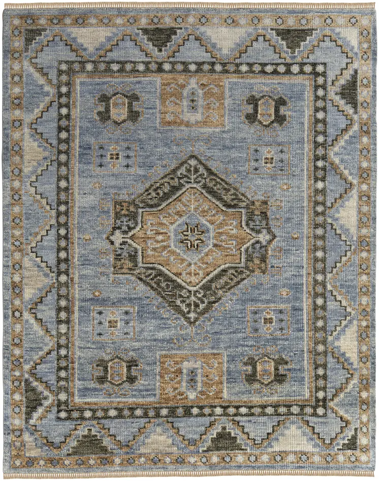 5' X 8' Ivory Tan and Blue Wool Oriental Hand Knotted Area Rug With Fringe