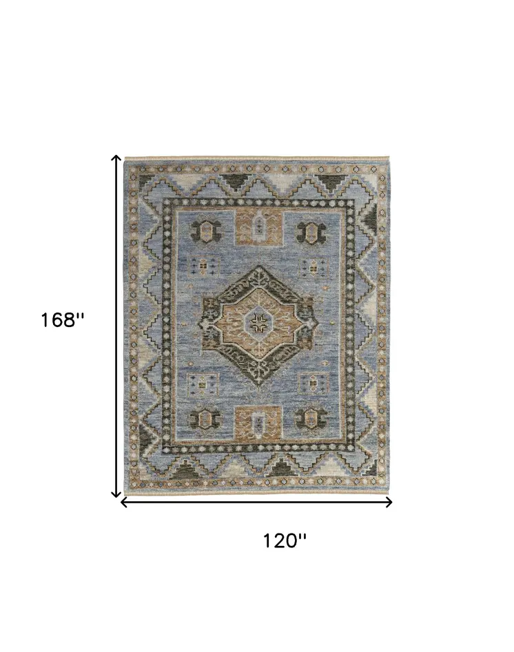 10' X 14' Ivory Tan and Blue Wool Oriental Hand Knotted Area Rug With Fringe