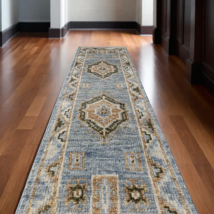 12' Ivory Tan and Blue Wool Oriental Hand Knotted Runner Rug With Fringe
