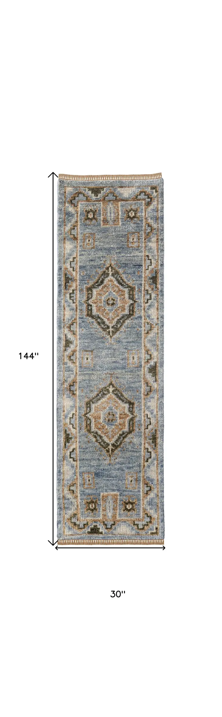 12' Ivory Tan and Blue Wool Oriental Hand Knotted Runner Rug With Fringe