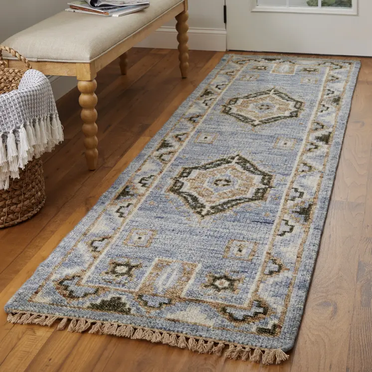 14' Ivory Tan and Blue Wool Oriental Hand Knotted Runner Rug With Fringe