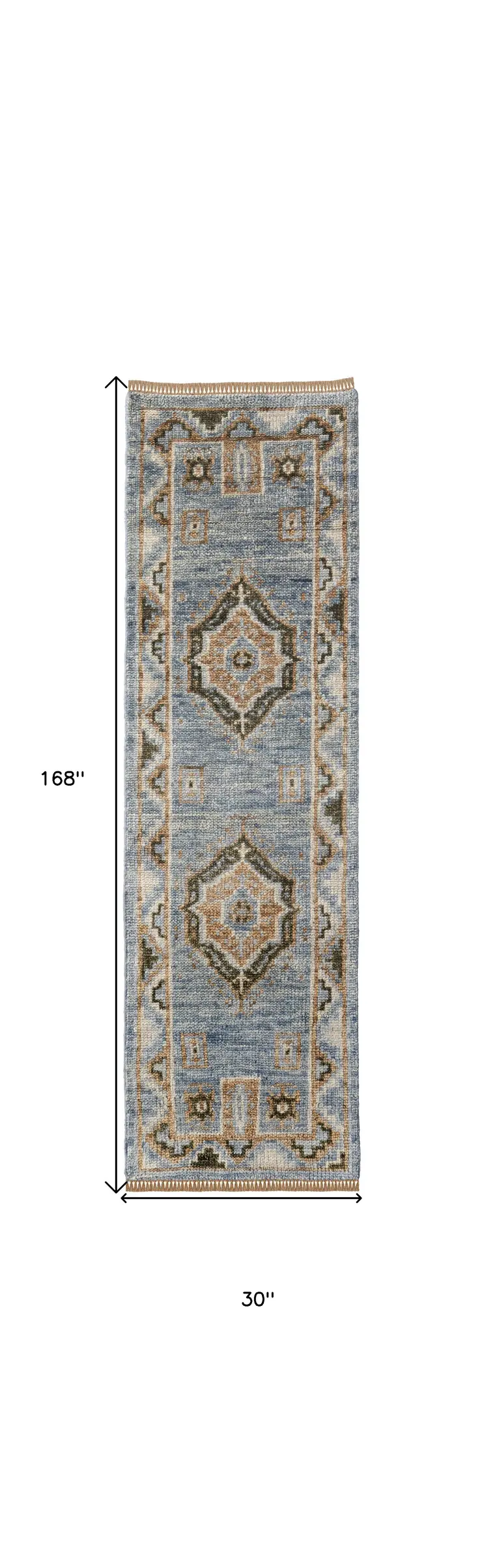 14' Ivory Tan and Blue Wool Oriental Hand Knotted Runner Rug With Fringe