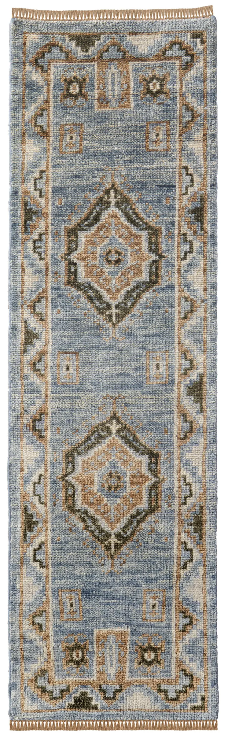 14' Ivory Tan and Blue Wool Oriental Hand Knotted Runner Rug With Fringe