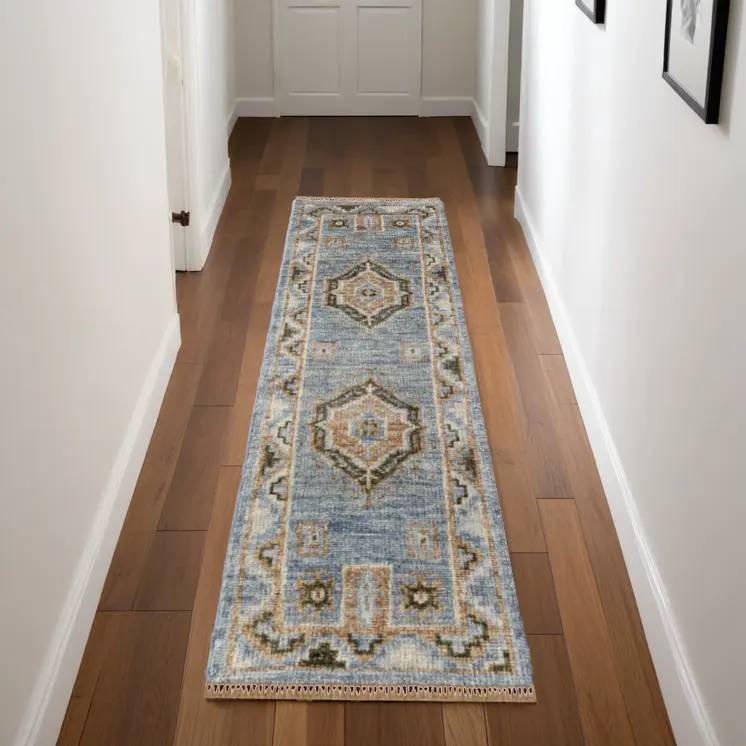 8' Ivory Tan and Blue Wool Oriental Hand Knotted Runner Rug With Fringe