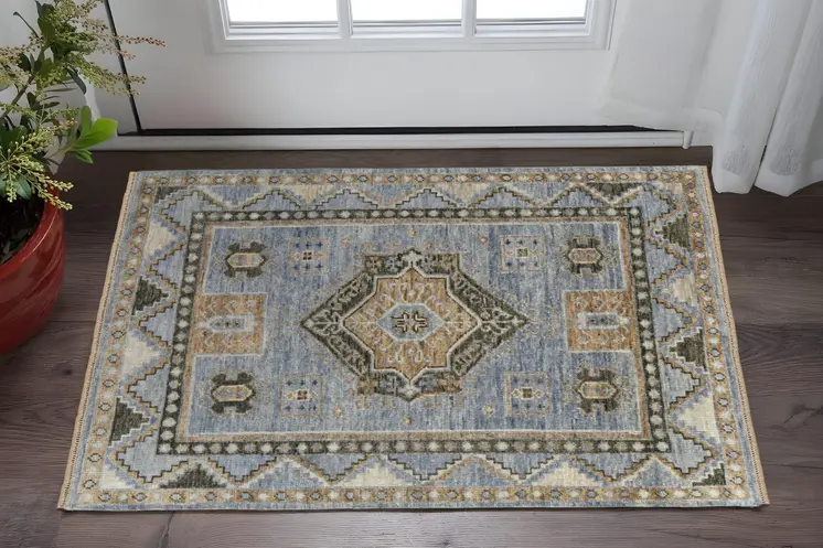 2' X 3' Ivory Tan and Blue Wool Oriental Hand Knotted Area Rug With Fringe