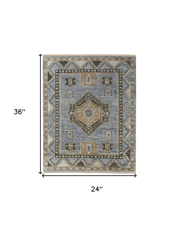 2' X 3' Ivory Tan and Blue Wool Oriental Hand Knotted Area Rug With Fringe