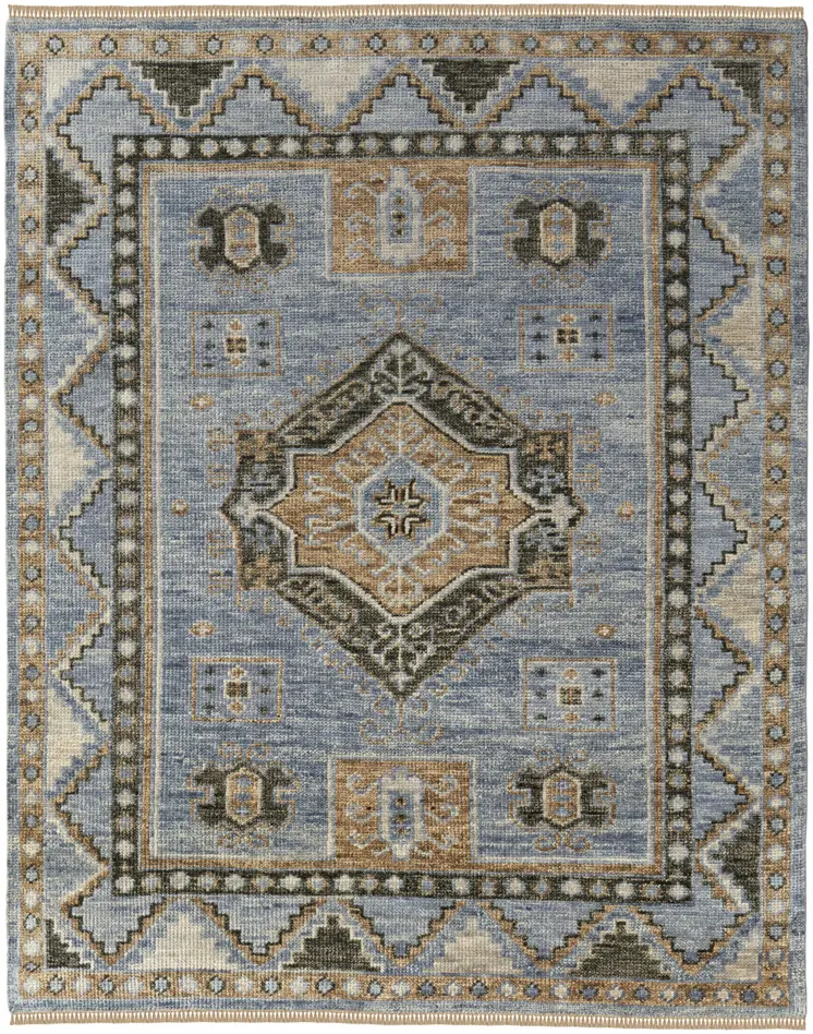 2' X 3' Ivory Tan and Blue Wool Oriental Hand Knotted Area Rug With Fringe