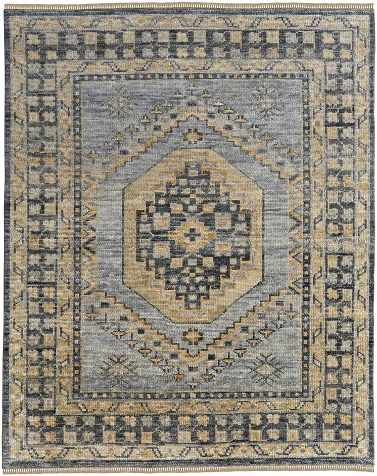 5' X 8' Blue Gray and Tan Wool Oriental Hand Knotted Area Rug With Fringe
