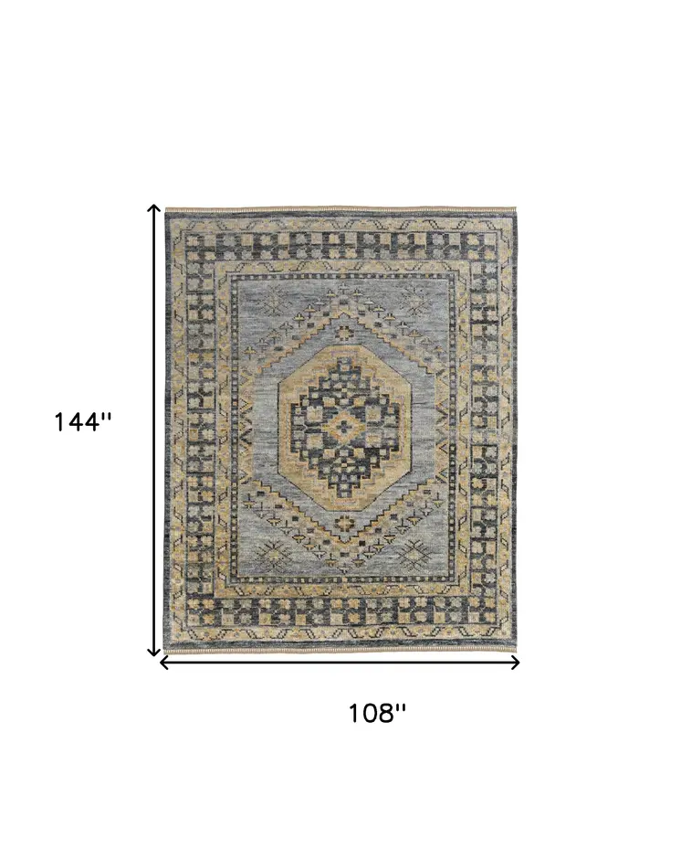 9' X 12' Blue Gray and Tan Wool Oriental Hand Knotted Area Rug With Fringe