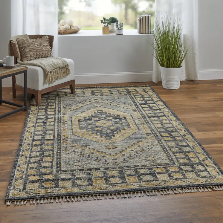 10' Blue Gray and Tan Wool Oriental Hand Knotted Runner Rug With Fringe