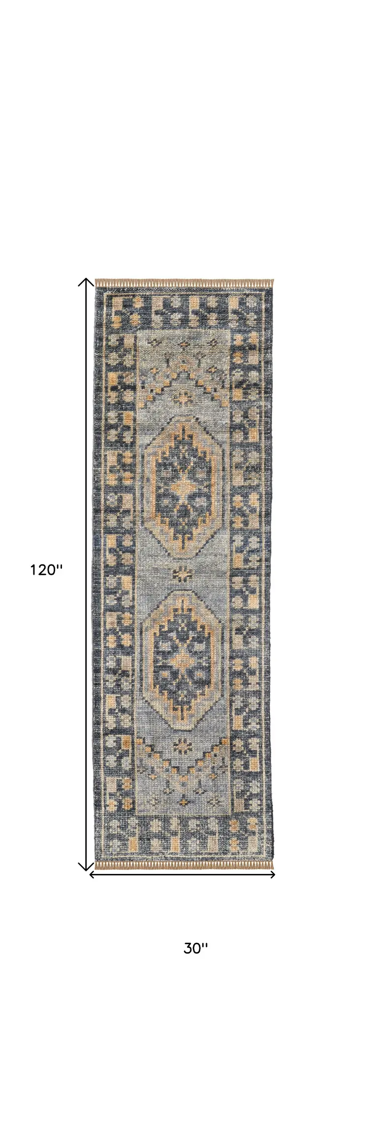 10' Blue Gray and Tan Wool Oriental Hand Knotted Runner Rug With Fringe