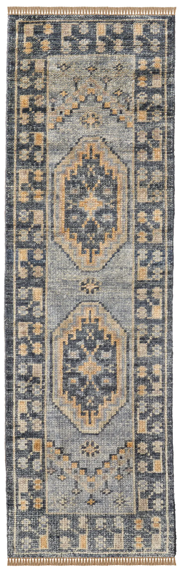 10' Blue Gray and Tan Wool Oriental Hand Knotted Runner Rug With Fringe