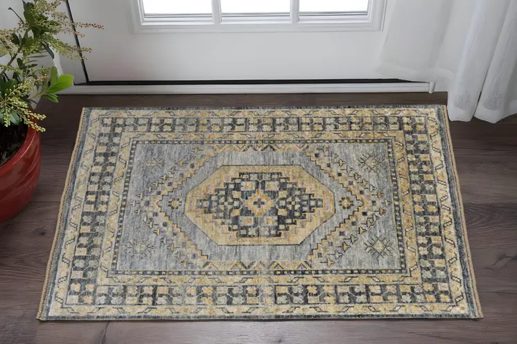2' X 3' Blue Gray and Tan Wool Oriental Hand Knotted Area Rug With Fringe