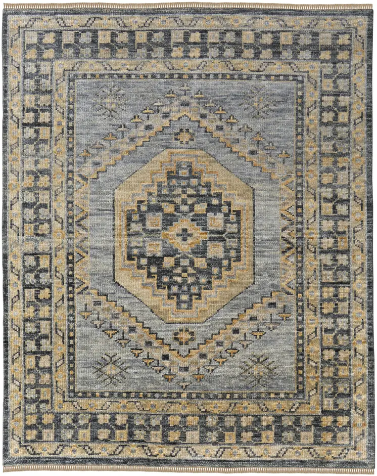 2' X 3' Blue Gray and Tan Wool Oriental Hand Knotted Area Rug With Fringe
