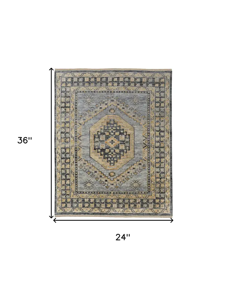 2' X 3' Blue Gray and Tan Wool Oriental Hand Knotted Area Rug With Fringe