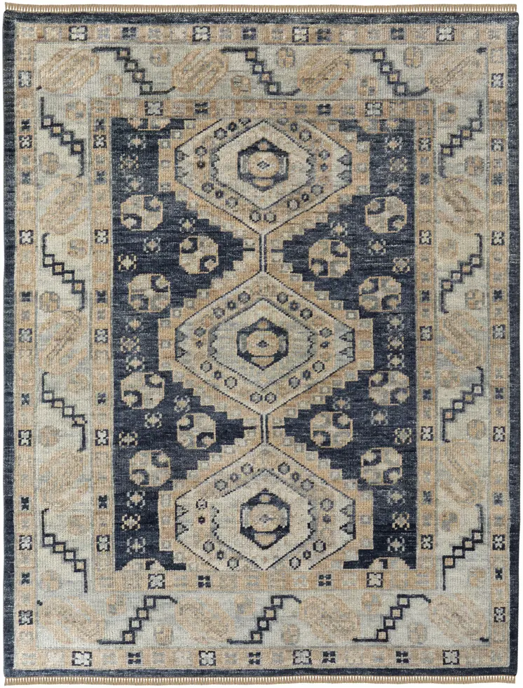 4' X 6' Blue and Ivory Wool Geometric Hand Knotted Area Rug With Fringe