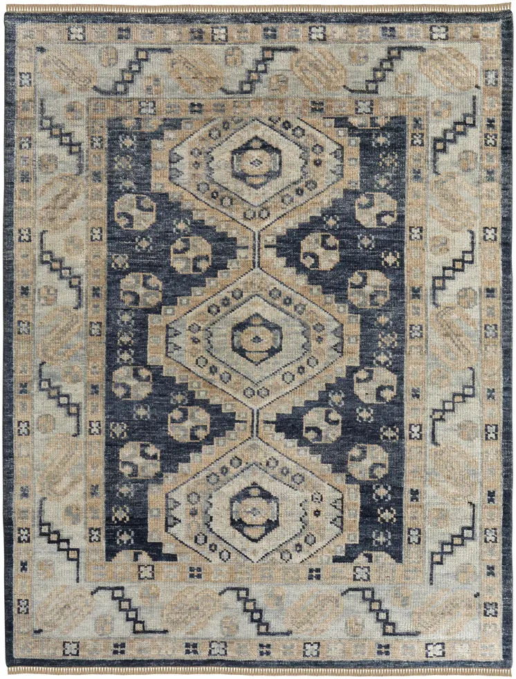 4' X 6' Blue and Ivory Wool Geometric Hand Knotted Area Rug With Fringe