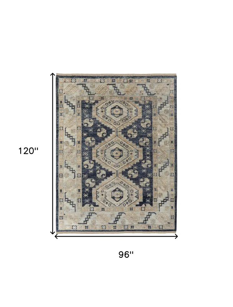 8' X 10' Blue and Ivory Wool Geometric Hand Knotted Area Rug With Fringe
