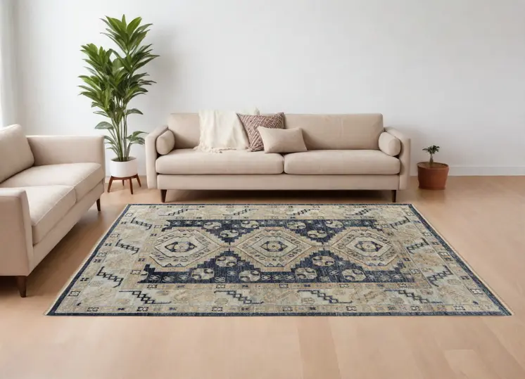 9' X 12' Blue and Ivory Wool Geometric Hand Knotted Area Rug With Fringe
