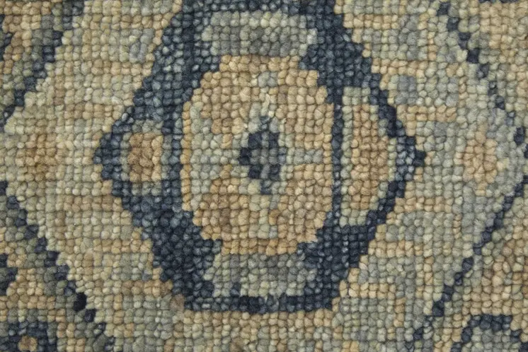 10' Blue and Ivory Wool Geometric Hand Knotted Runner Rug With Fringe