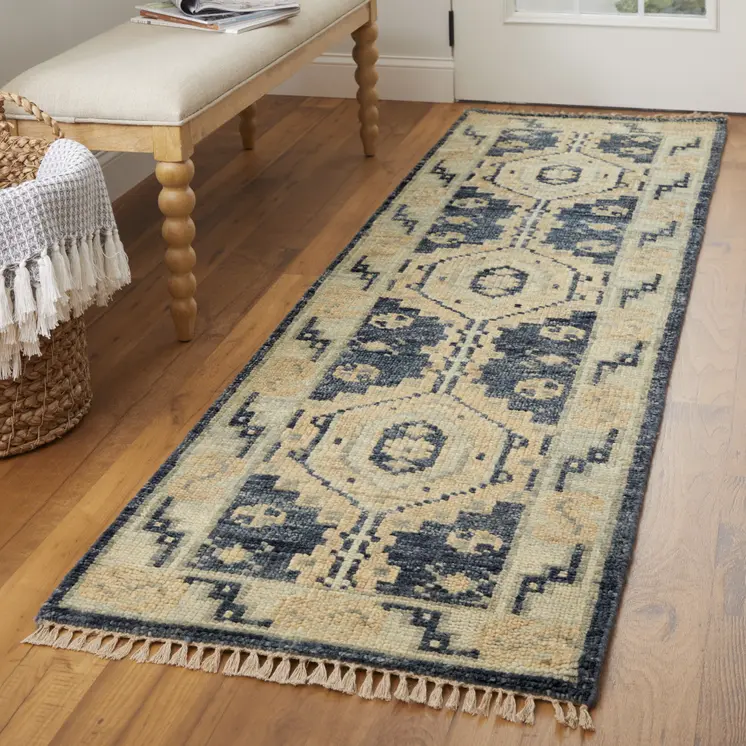 10' Blue and Ivory Wool Geometric Hand Knotted Runner Rug With Fringe