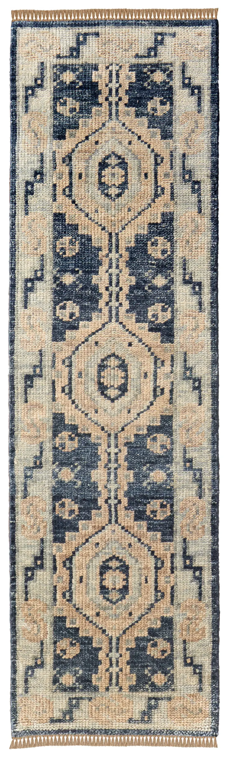 10' Blue and Ivory Wool Geometric Hand Knotted Runner Rug With Fringe