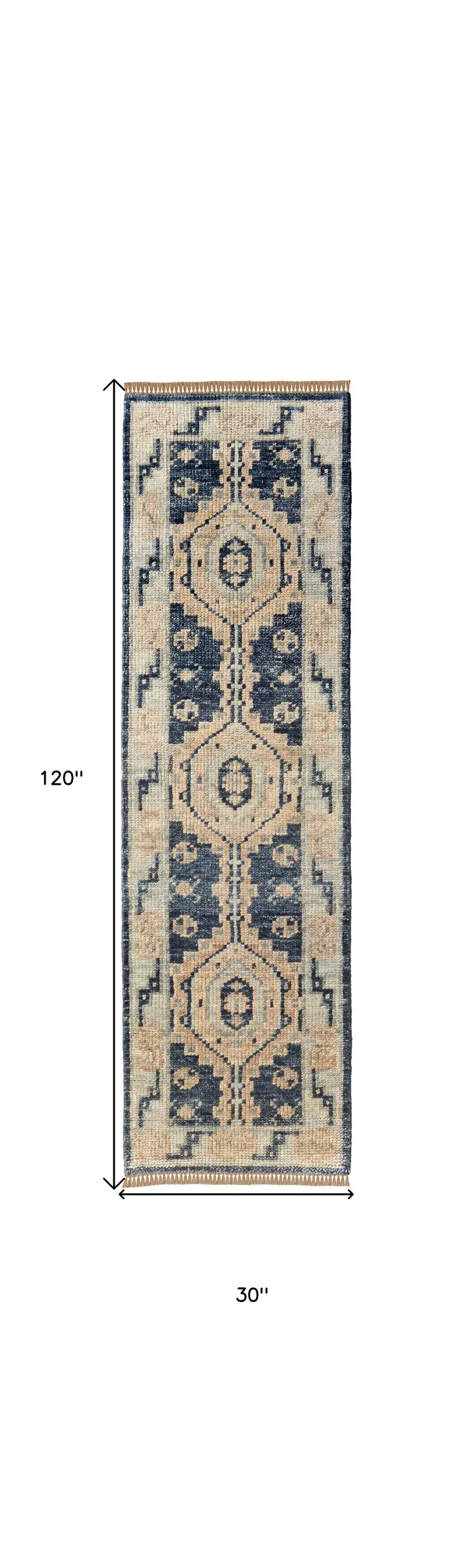 10' Blue and Ivory Wool Geometric Hand Knotted Runner Rug With Fringe
