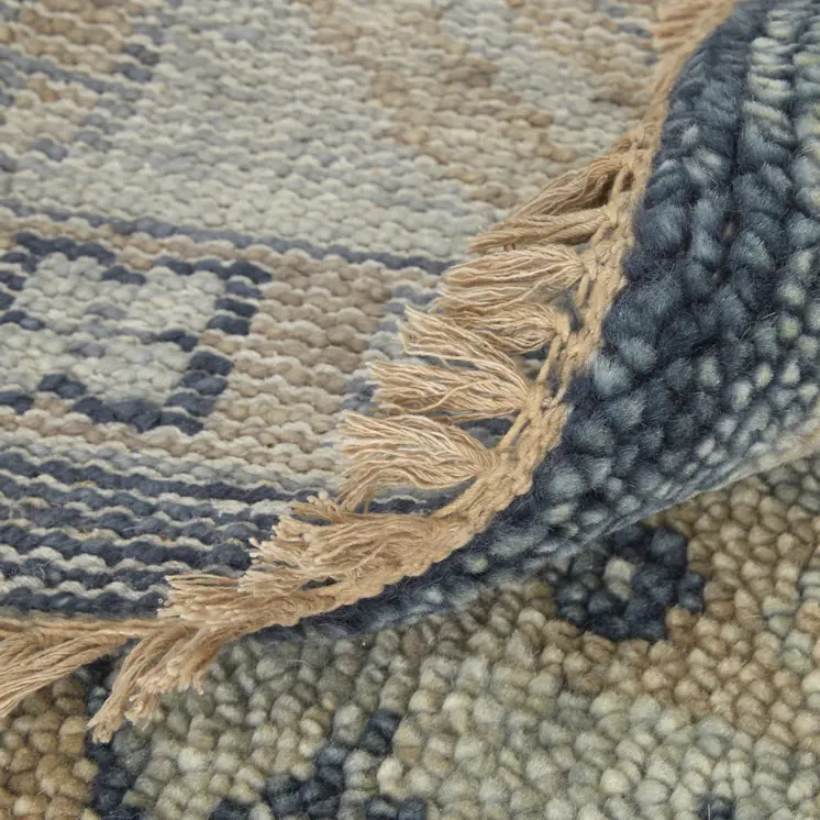 12' Blue and Ivory Wool Geometric Hand Knotted Runner Rug With Fringe