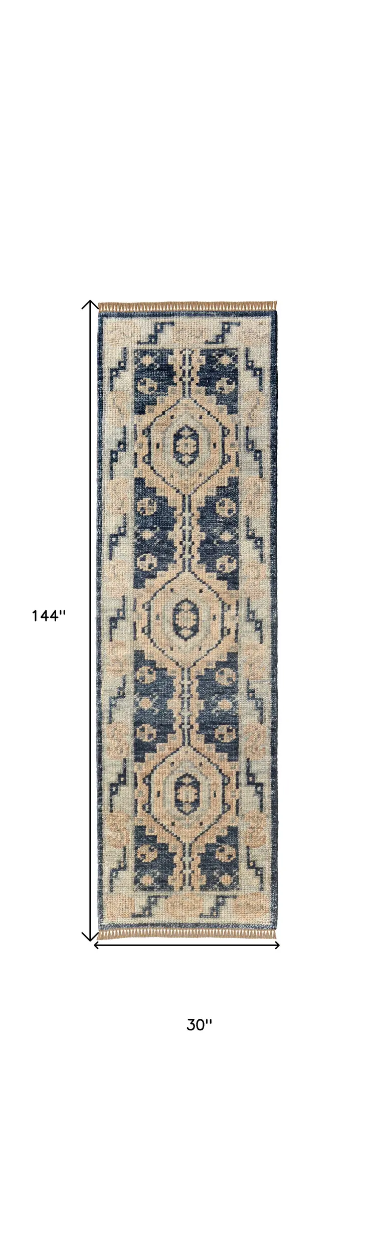 12' Blue and Ivory Wool Geometric Hand Knotted Runner Rug With Fringe