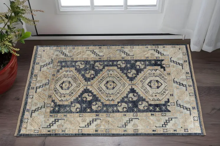 2' X 3' Blue and Ivory Wool Geometric Hand Knotted Area Rug With Fringe