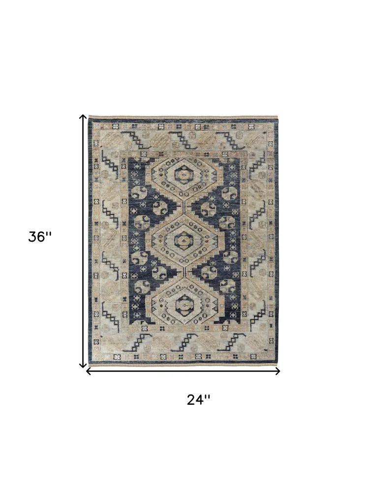 2' X 3' Blue and Ivory Wool Geometric Hand Knotted Area Rug With Fringe