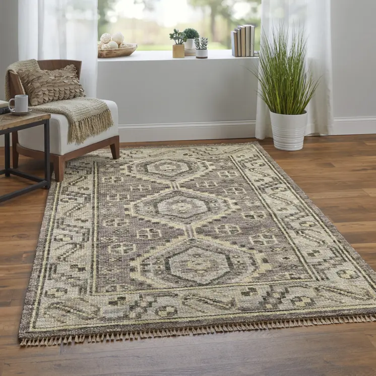 3' X 5' Gray and Brown Wool Geometric Hand Knotted Area Rug With Fringe