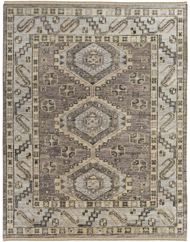 3' X 5' Gray and Brown Wool Geometric Hand Knotted Area Rug With Fringe