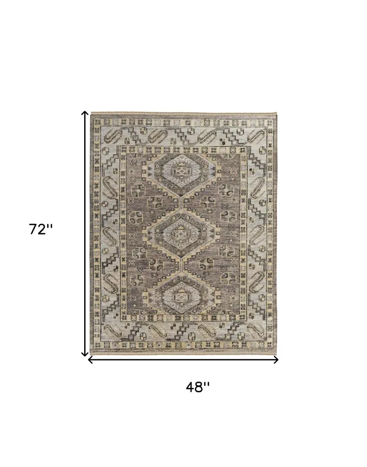 4' X 6' Gray and Brown Wool Geometric Hand Knotted Area Rug With Fringe