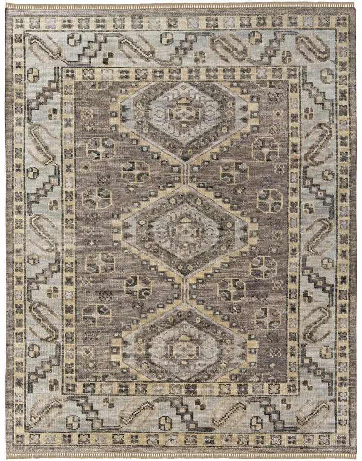 9' X 12' Gray and Brown Wool Geometric Hand Knotted Area Rug With Fringe