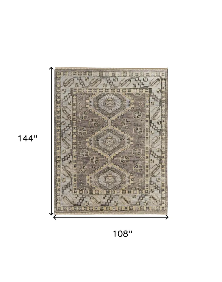9' X 12' Gray and Brown Wool Geometric Hand Knotted Area Rug With Fringe