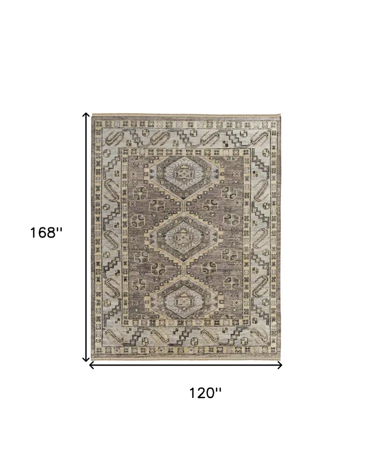 10' X 14' Gray and Brown Wool Geometric Hand Knotted Area Rug With Fringe