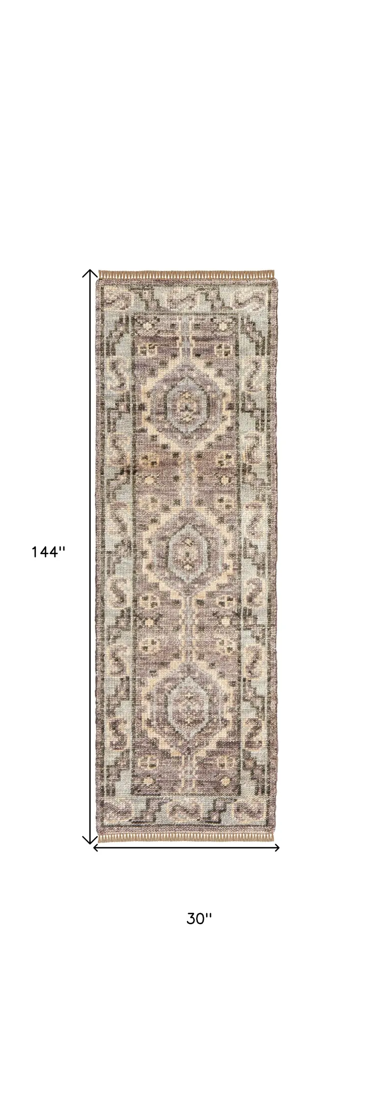 12' Ivory Gray and Brown Wool Geometric Hand Knotted Runner Rug With Fringe