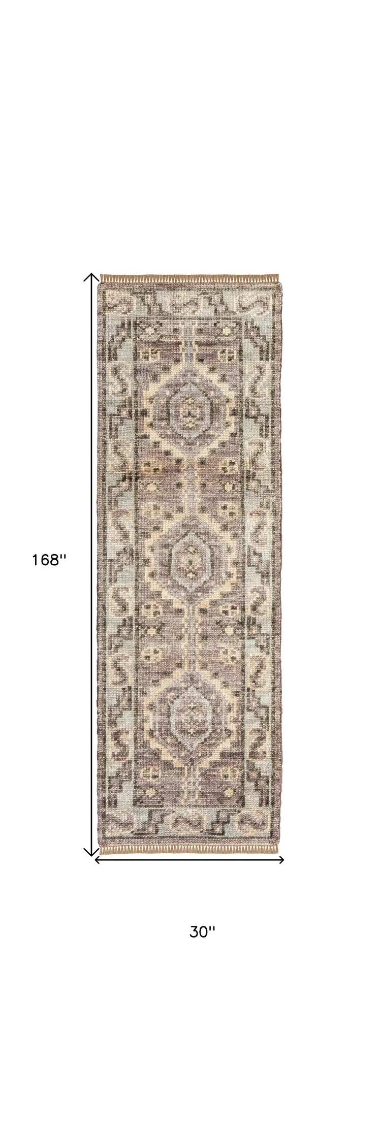 14' Ivory Gray and Brown Wool Geometric Hand Knotted Runner Rug With Fringe