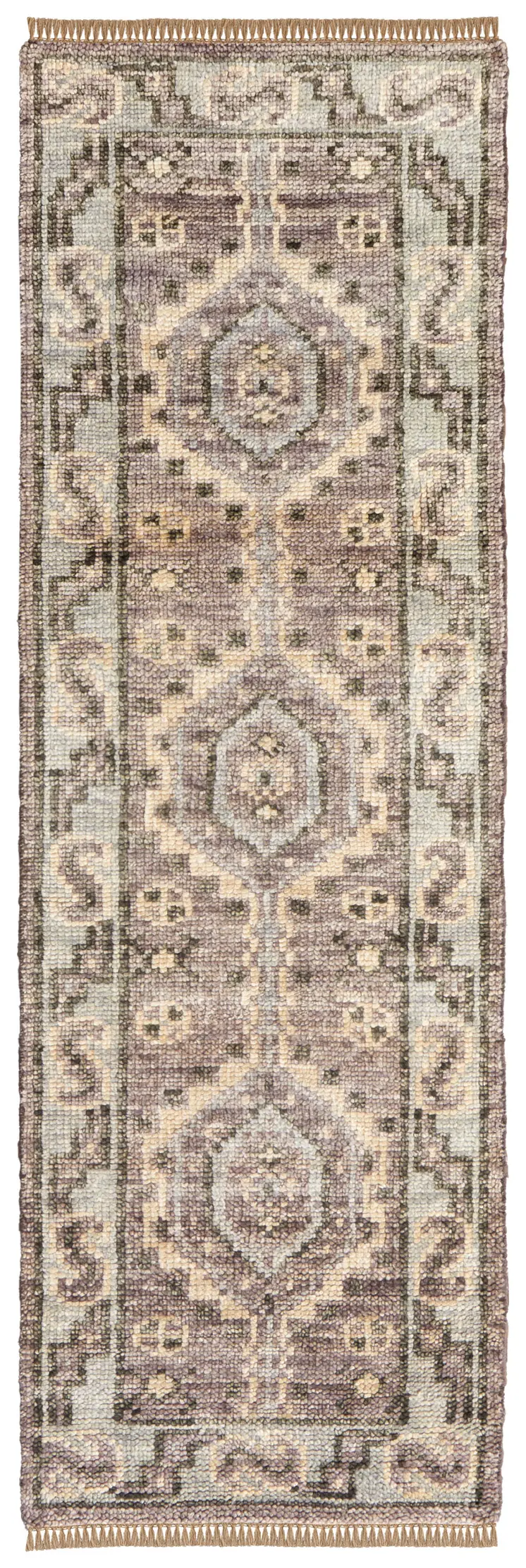 14' Ivory Gray and Brown Wool Geometric Hand Knotted Runner Rug With Fringe