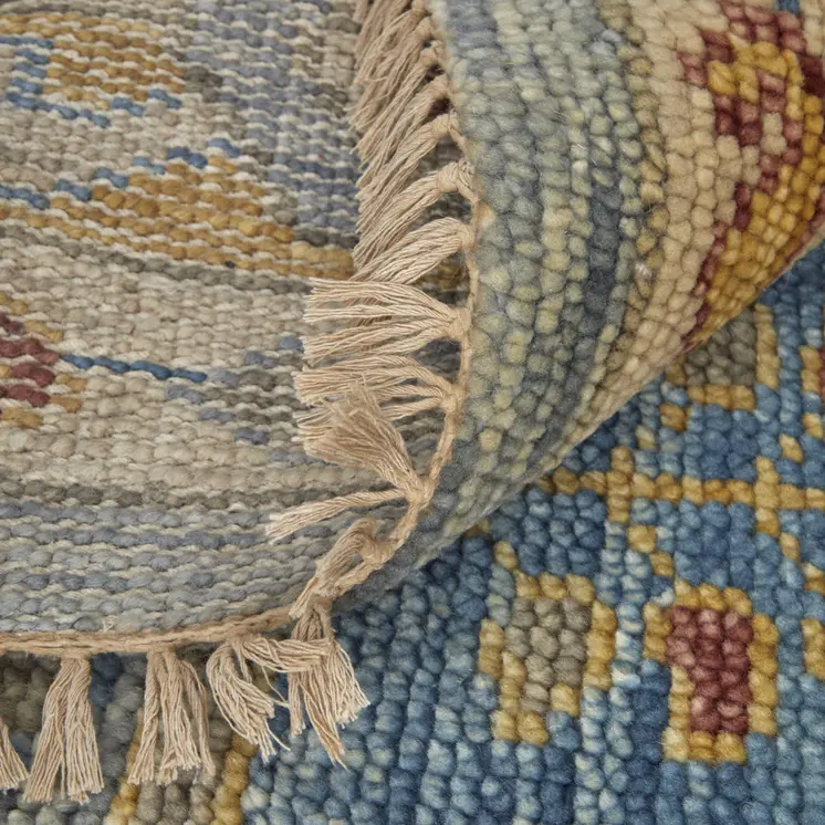 3' X 5' Blue Red and Yellow Wool Geometric Hand Knotted Area Rug With Fringe