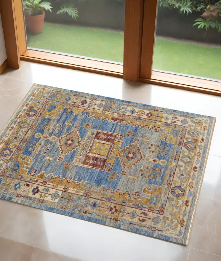 3' X 5' Blue Red and Yellow Wool Geometric Hand Knotted Area Rug With Fringe