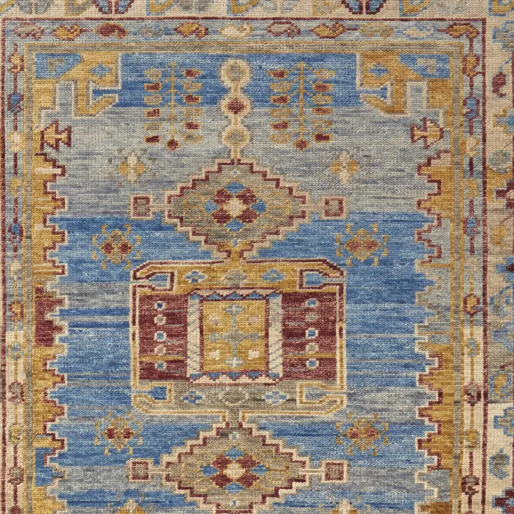 3' X 5' Blue Red and Yellow Wool Geometric Hand Knotted Area Rug With Fringe