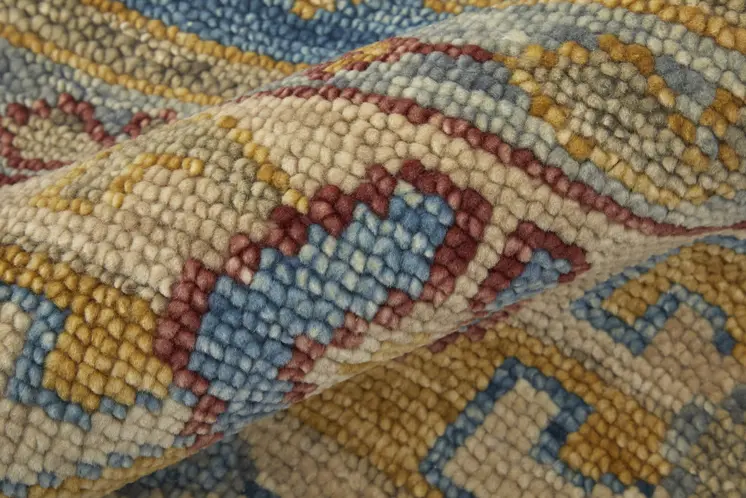 4' X 6' Blue Red and Yellow Wool Geometric Hand Knotted Area Rug With Fringe