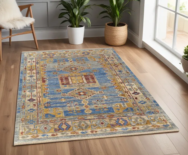 4' X 6' Blue Red and Yellow Wool Geometric Hand Knotted Area Rug With Fringe