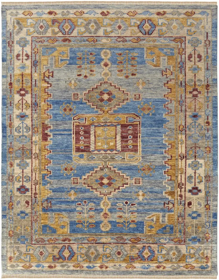 8' X 10' Blue Red and Yellow Wool Geometric Hand Knotted Area Rug With Fringe