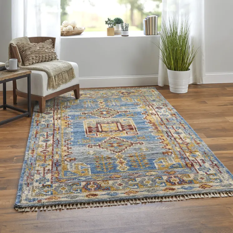 10' Blue Red and Yellow Wool Geometric Hand Knotted Runner Rug With Fringe